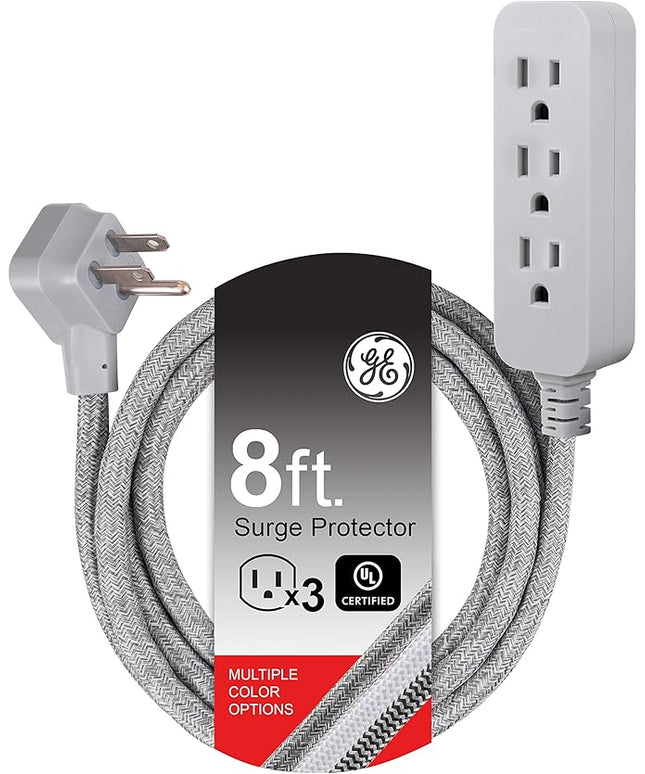 GE Pro 3 Outlet Surge Protector Power Strip, 8 Ft Designer Braided Extension Cord, Flat Plug, Wall Mount, Heather Gray, 45916
