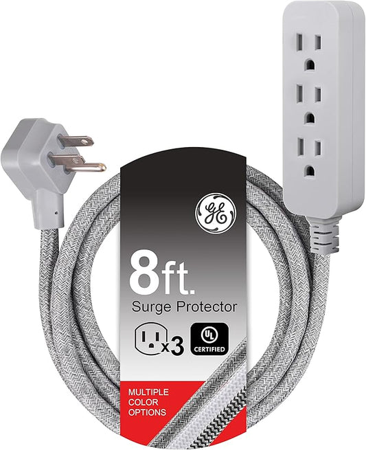 GE Pro 3 Outlet Surge Protector Power Strip, 8 Ft Designer Braided Extension Cord, Flat Plug, Wall Mount, Heather Gray, 45916
