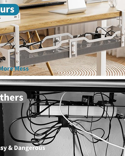 Under Desk Cable Management Tray White, Litwaro Cable Management Under Desk No Drill, 25'' Cable Tray with Clamp for Wire Management, Cord Organizer for Office, Home - No Damage to Table