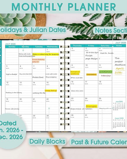 Ymumuda 2026 Planner, Daily Weekly and Monthly Planner，Jan 2026 - Dec 2026, 8.4" x 6.3", 2026 Calendar Planner Book with Tabs, Spiral Notebook with Inner Pocket for Office Home School Supplies
