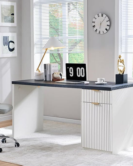 JXQTLINGMU 60" Modern Executive Desk with Storage, Wood Home Office Desk with Drawer & Cabinet, Fluted Computer Writing Desk for Study, Living Room, Bedroom, Antique White