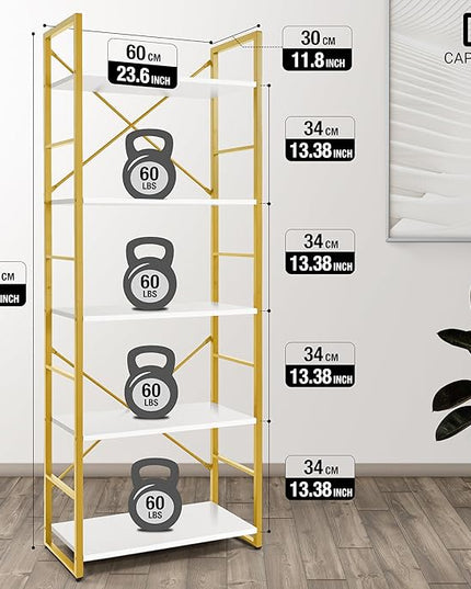 CAPHAUS 5 Tier Bookshelf, 24 Inch Width Free Standing Shelf, Bookcase Shelf Storage Organizer, Industrial Book Shelves for Home Office, Living Room, Kitchen, White Wooden Shelves & Gold Frame