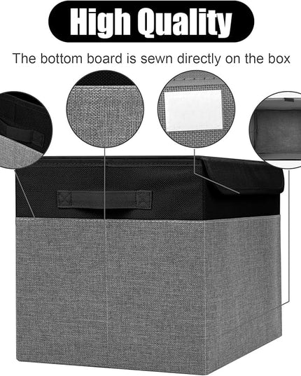 Large 17" 42 Quarts Collapsible Stackable Storage Bins with Lids [3-Pack] Foldable Fabric Linen Storage Boxes Cube, Closet Organizer Baskets with Label for Home (16.7 x 12 x 12", Black & Gray)