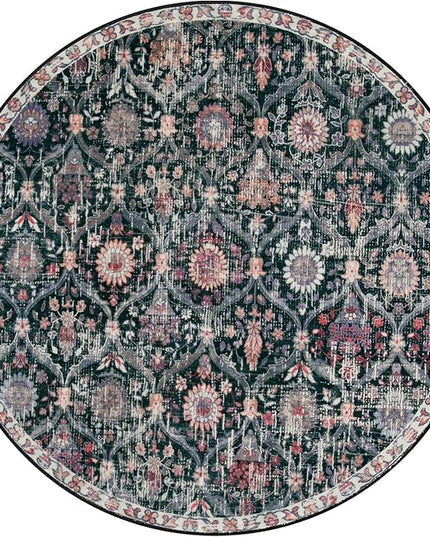 Lahome Moroccan Trellis Washable Round Area Rug, Soft Round Rugs 6ft Ultra-Thin Non-Slip, Vintage Large Circle Carpet for Bedroom Living Room Kitchen Nursery, Black/Multi