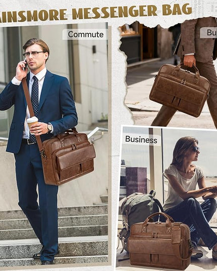 RAINSMORE Mens Laptop Bag PU Leather Messenger Bag 15.6 Inch Briefcase Vintage Computer Satchel Bag for Work Business