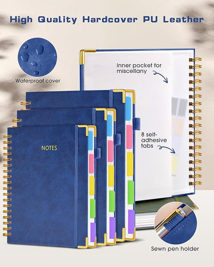 Hardcover Spiral Notebook 8.5"x11" Journal with Removable Dividers Tabs, 300 Pages Leather 5 Subject Notebook College Ruled, Large A4 Notebooks for Work School, Lined Journal for Women, A4 Navy
