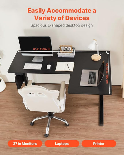VEVOR Electric L Shaped Standing Desk 63"x39", 3 Memory Height Adjustable, Dual Motor Corner Sit Stand Up Desk with 2 Hooks, Heavy Duty Carbon Steel Computer Table Workstation, Easy to Assemble, Black