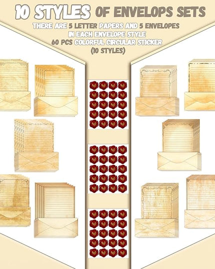 TaoBary 160 Pcs Stationery Paper Set 50 Double Sided Stationery Papers with 50 Matching Envelopes and 60 Round Dot Sticker, 10 Design(Light Vintage,8.5 x 11 Inch)