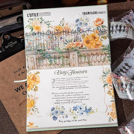 AuriicLeaf Floral Trellis PET Tape Set - 6 Rolls of Seamless Vintage Balcony & Vine Designs with 1 Metal Clip, Self-Adhesive Waterproof Decorative Tapes for Scrapbook Journal and DIY Décor