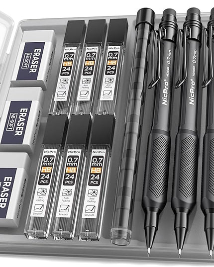 Nicpro 0.7 mm Mechanical Pencil Set with Case, 3PCS HD1000 Mechanical Pencils 0.7 With 6 Tube HB Lead Refills, Eraser, Weatherproof Barrel for Outdoor Writing Drafting Drawing Sketching