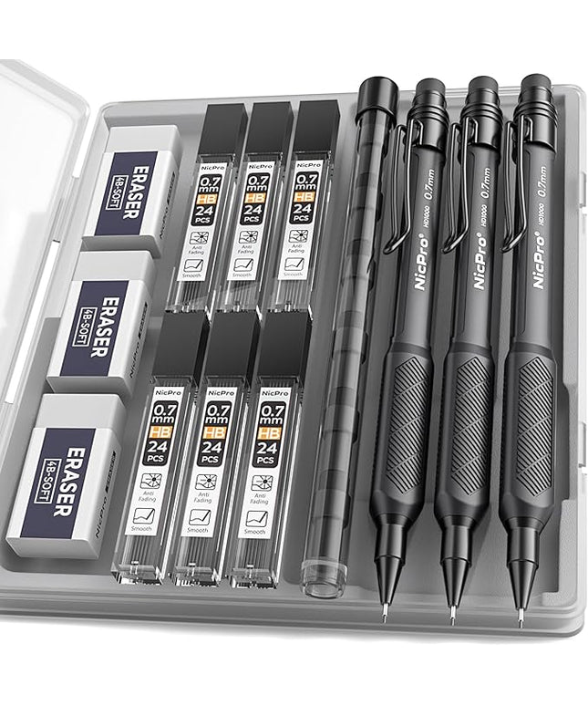 Nicpro 0.7 mm Mechanical Pencil Set with Case, 3PCS HD1000 Mechanical Pencils 0.7 With 6 Tube HB Lead Refills, Eraser, Weatherproof Barrel for Outdoor Writing Drafting Drawing Sketching