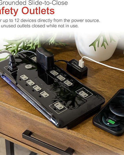 GE UltraPro 12 Outlet Surge Protector, Tethered 2 USB Ports, 8 Ft Power Cord, 4320 Joules, Flat Plug, Power Filter, Circuit Breaker, Warranty, UL Listed, Black, 11824