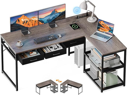 AODK 53 Inch L Shaped Computer Desk with Drawers, Corner Desk with Power Outlets & Reversible Storage Shelves, for Home Office Gaming, Oak Grey