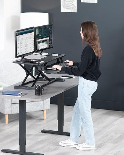 VIVO 36 inch Desk Converter, K Series, Height Adjustable Sit to Stand Riser, Dual Monitor and Laptop Workstation with Wide Keyboard Tray, Black, DESK-V036KB