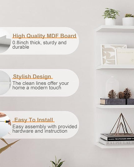 Fun Memories 4 Tier Wall Shelf Unit, Vertical Floating Shelf, Wall Mount Lack Shelving Home Decor Organizer Tall Tower Design Utility Shelving for Bedroom Living Room, White
