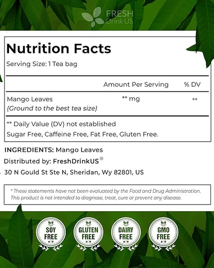 FreshDrinkUS, Premium 60 Mango Leaf Tea Bags, 100% Natural & Pure from Mango Leaves. Loose Leaf Herbal Tea. No Sugar, No Caffeine, No Gluten, Vegan.