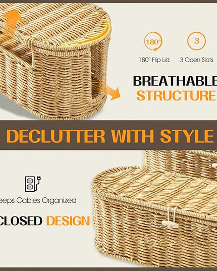 FairyHaus Cable Management Box 2Pack Caramel, Handwoven Large and Small Cable Organizer Box Cover to Hide Cords and Power Strip, Imitation Wicker Cord Organizer Box Hider for Office Desk and Floor