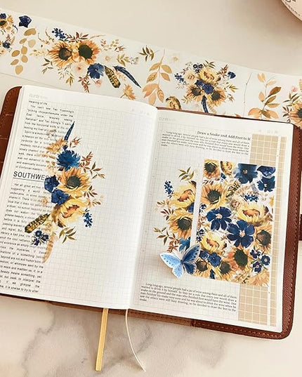 WT PET Tape, Floral Sunflower & Navy Design, Wide Decorative Craft Tape, Single Roll, Clear Transparent Tape for Bujo Planner & DIY Scrapbooking Supplies