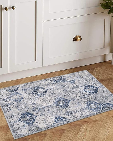Lahome Moroccan Trellis Washable Rug, 2x3 Kitchen Rugs for Entryway Bathroom, Non-Slip Indoor Door Mat Ultra-Thin, Small Oriental Throw Carpet for Bedroom Entry, White/Royal Blue