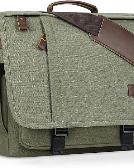 ESTARER Men's Messenger Bag 17.3 Inch, Water-resistant Canvas Laptop Bag, Computer Shoulder Bag for College Travel Work, Army Green