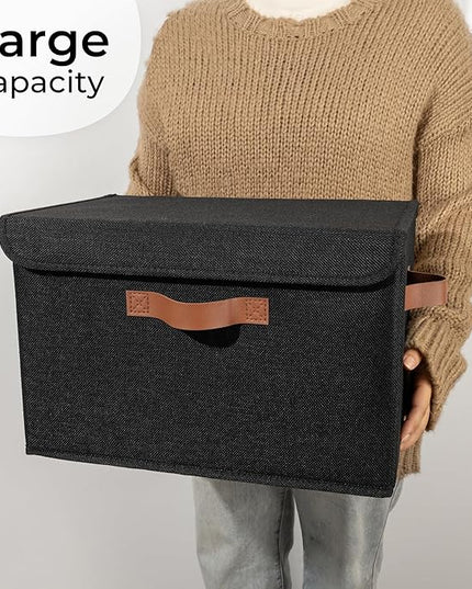 GRANNY SAYS Storage Bins with Lids, Decorative Storage Boxes with PU Handles, Black Storage Bin, Linen Closet Organizer, Shelf Baskets, Fabric Storage Bins for Clothes