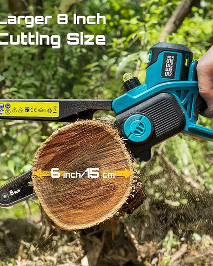 SEESII 8-Inch Cordless Mini Chainsaw, 2025 Upgraded Brushless Motor, Electric Chainsaw with 2×4000mAh Batteries, Tool-Free Chain Tension & Oiler, Handheld Saw for Fast Tree Branch Cutting（M8 Boost）