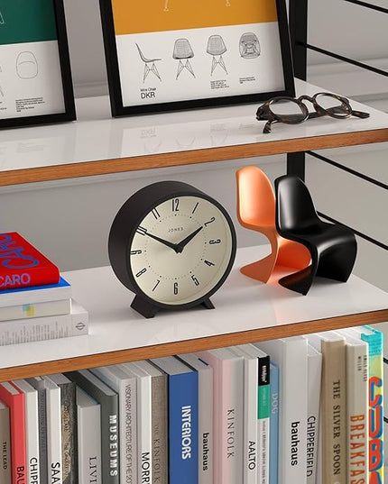 JONES CLOCKS® Venus Desk Clock | Modern Round Design | Black | Stylish Retro Look for Shelf, Table, Mantel or Bedside