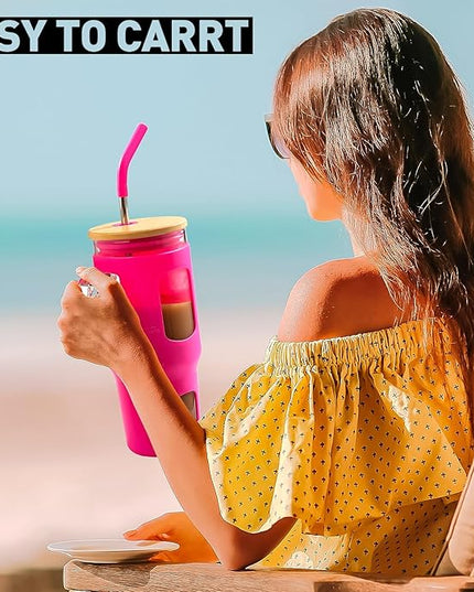 Glass Tumbler with Straw & Lid, 32 oz Glass Cup with Handle, Water Bottle with Time Marker - Pearl Straw & Silicone Protective Sleeve - Rose Red