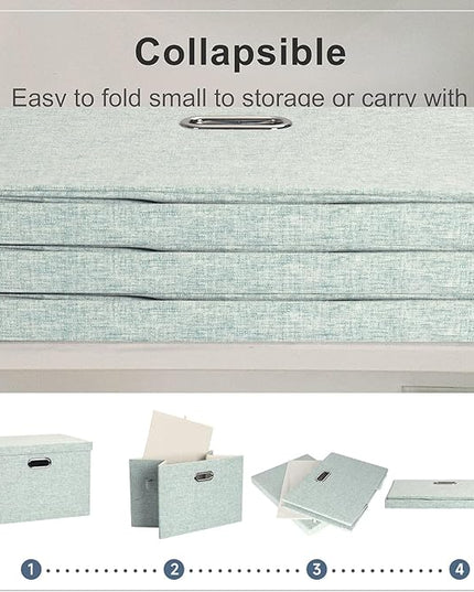 Large 17" 36 Quart Collapsible Stackable Storage Bins with Lids, 3 Packs Light Green Linen Fabric Closet Boxes with Lids, Storage Cube Baskets Container Organizers for Office (17x12x11)