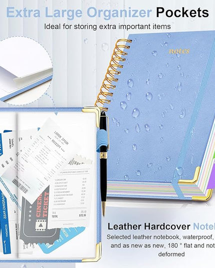 Hardcover Spiral Notebook 8"x10" Journal Notebook with Tabs and Removable Dividers 300 Pages 5 Subject Notebook College Ruled, Faux Leather Spiral Bound Notebook for Women School Work (Lake Blue)