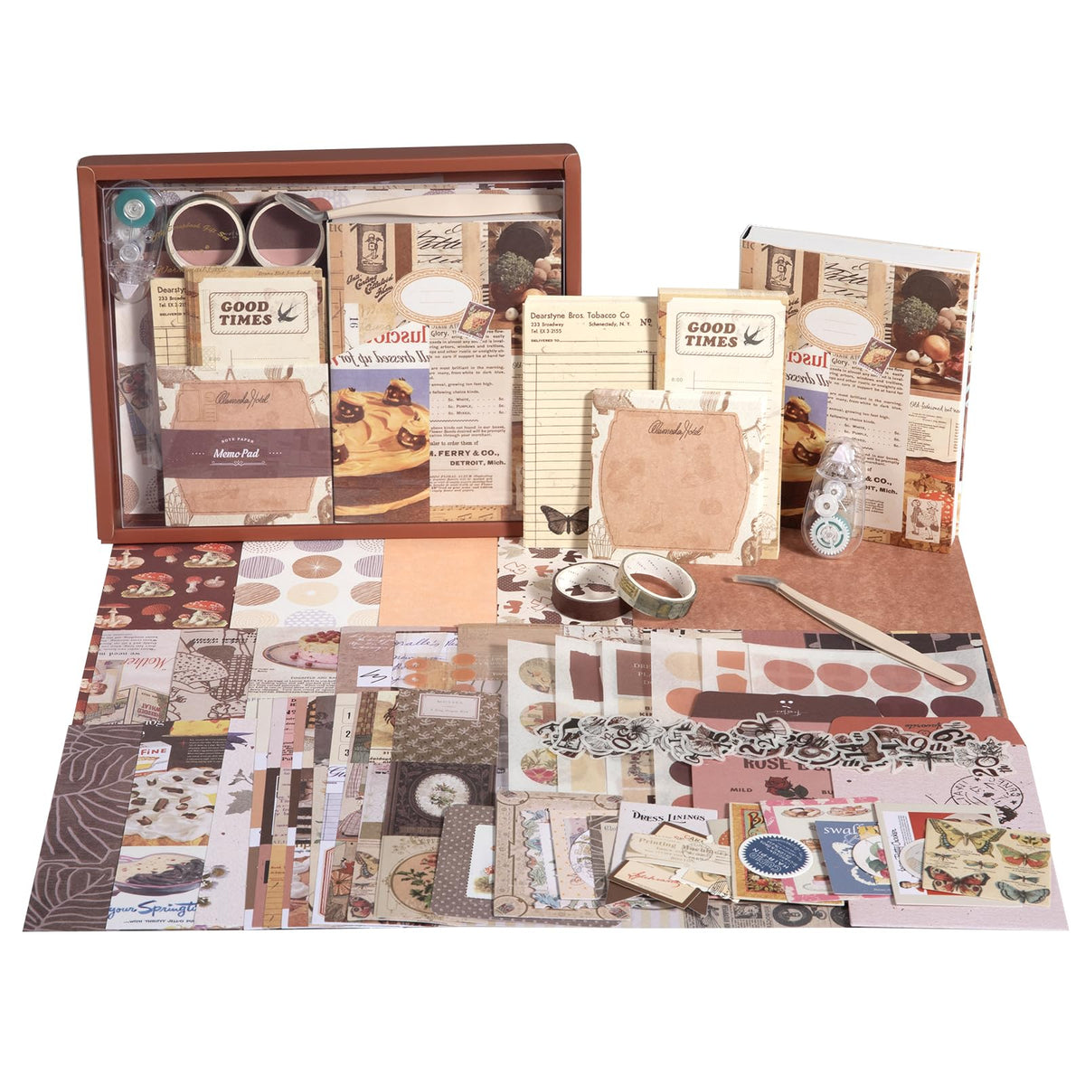 Upgraded Scrapbook Photo Album Supplies Kit with Tweezers and Glue Tape – Vintage Aesthetic Junk Journal Kit, Large Scrapbooking Paper, Sticker Pack, Notebook, DIY Craft, Gift for Adults (Goodtime)