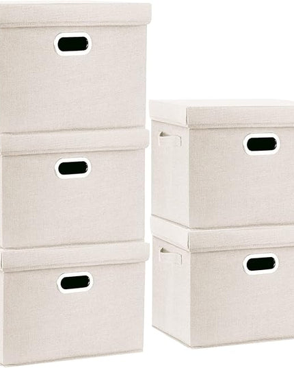 TYEERS Large Storage Bins with Lids, Collapsible, Washable, Fabric Storage Boxes for Organizing, 17.3x11.8x11.4 inches, 5 Pack, Beige