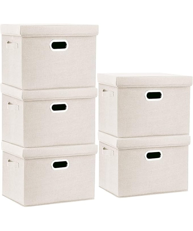 TYEERS Large Storage Bins with Lids, Collapsible, Washable, Fabric Storage Boxes for Organizing, 17.3x11.8x11.4 inches, 5 Pack, Beige