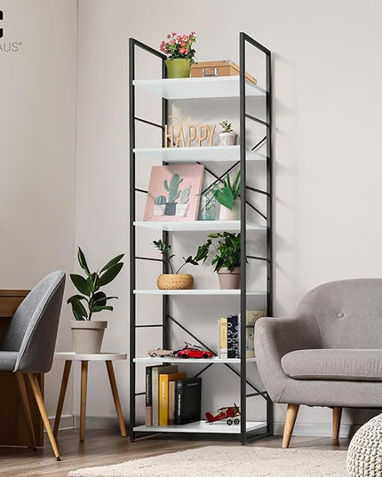CAPHAUS 6 Tier Bookshelf, 24 Inch Width Free Standing Shelf, Bookcase Shelf Storage Organizer, Industrial Book Shelves for Home Office, Living Room, Kitchen, White Shelves & Metal Frame