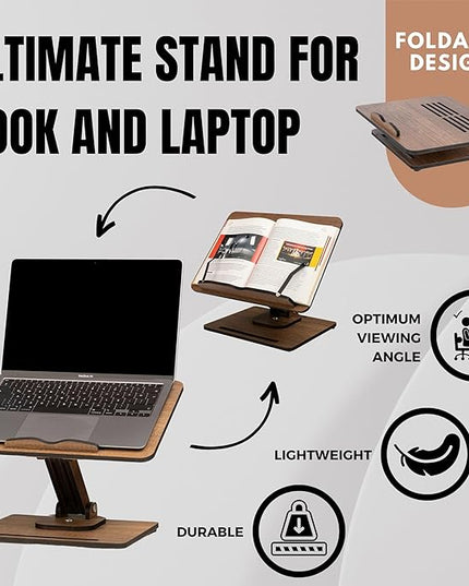 Vigo Wood Book Stand for Reading 360° Adjustable, Wooden Laptop Stand, Cookbooks Holder, Music Scores, Featuring Multi-Height Angles and Foldable Design with Page Clips.