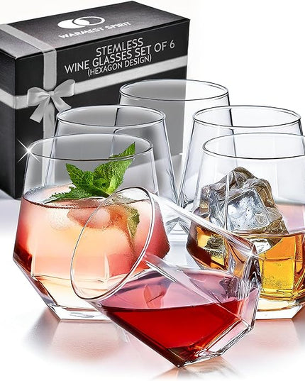 Hexagon Stemless Wine Glasses Set of 6 – Elegant 10.5 oz, Durable, Dishwasher Safe, Spill-Proof Design, Perfect for Wine, Cocktails, Whiskey, Everyday Use, Dinner Parties, and Entertaining, Giftable
