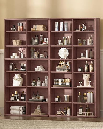 LELELINKY 7 Tier Tall Display Cabinet, Walnut Media Storage Cabinet with Adjustable Shelves, Free Standing DVD Organizer Shelf, Floor Multimedia Storage Manga Bookshelf for Living Room & Home Office.