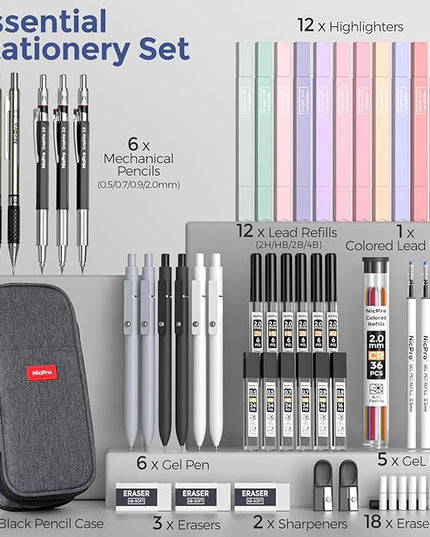 Nicpro 50 PCS School Supplies Stationary Set with Pencil Case - 6 Gel Pens & Refills, 12 Highlighters, 6 Art Mechanical Pencil Set, 12 Tube lead Refills for College Essentials Office Stationery -Black