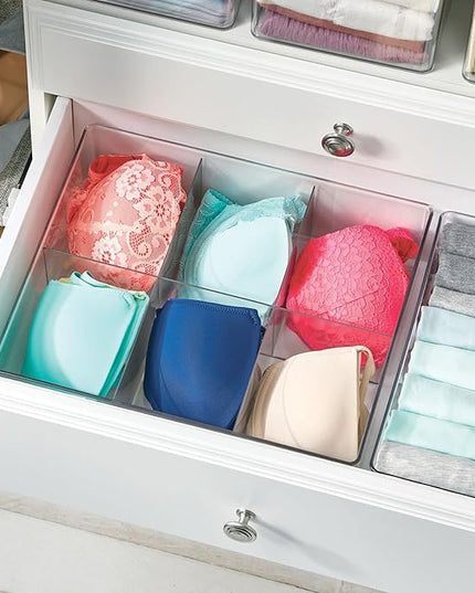 mDesign Plastic 6 Compartment Dresser Drawer Divided Organizer Bin for Scarves, Socks, Bras, Hair Ties, Belts, Underwear - Closet Shelf Storage Organization, Lumiere Collection, Clear