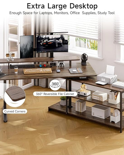 ONBRILL L Shaped Standing Desk with File Cabinet, 55x24'' Electric Stand Up Desk with Monitor and Storage Shelf, Adjustable Height 28-46'' for Home and Computer Workstation, Walnut