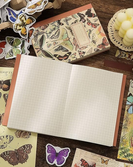 emmoolife Vintage Aesthetic Scrapbooking Supplies Kit, Butterfly Junk Journal Scrapbook Kit with Journaling Supplies, A6 Grid Notebook, Stationery, Birthday Craft Gift Set for Teen Girl Women