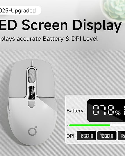 EWEADN Q1 Wireless Mouse, BT & 2.4G Silent Mouse Quiet Click with 1600 DPI Levels, Battery & DPI LED Screen Display, 6 Button Small Portable Bluetooth Mouse for Laptop/PC/Mac-Grey
