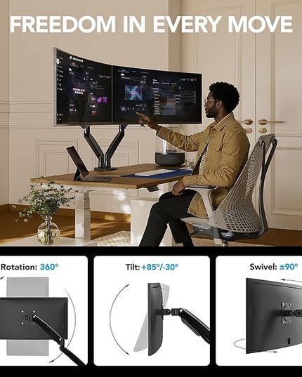 HUANUO NITROGLIDE™ Dual Monitor Stand for 13″–40″, Premium Dual Monitor Mount with USB, Height Adjustable Monitor Stand for 2 Monitors, VESA Mount with Clamp/Grommet Base, Holds 26.4lbs per Arm, HNDS7