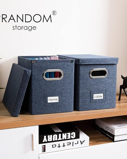 PRANDOM File Organizer Box - Set of 4 Collapsible Decorative Linen Filing Storage Hanging File Folders with Lids Office Cabinet Letter Size Navy Blue (14x9.3x10.8 inch)