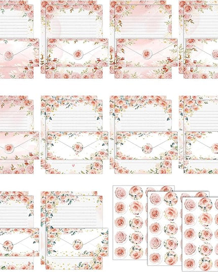 TaoBary 160 Pcs Stationery Paper Set 50 Double Sided Stationery Papers with 50 Matching Envelopes and 60 Round Dot Sticker, 10 Design(Floral,8.5 x 11 Inch)