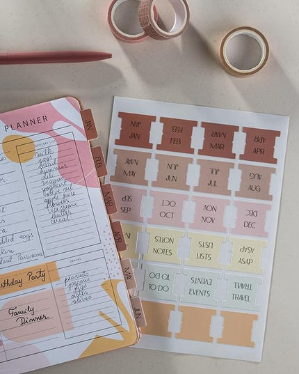 DiverseBee Laminated Planner Monthly Tabs, 24 Peel and Stick Tabs for Notebooks (12 Month Tabs and 4 Blank Tabs), Calendar Monthly Tab Stickers for Planners, Monthly Dividers (Peony)