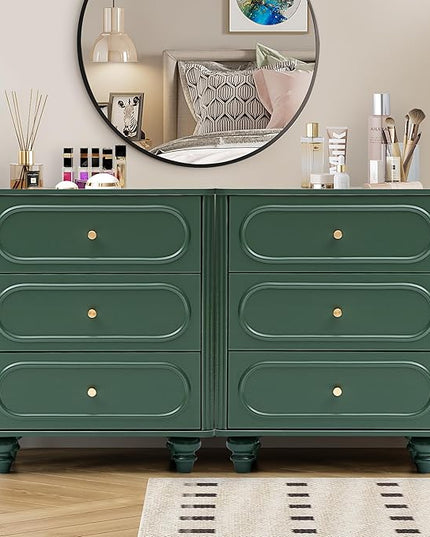 3 Drawer Fluted Dresser for Bedroom Set of 2, Mid Century Modern Chest of Drawers, Wood Storage Small Dresser Organizer for Bedroom Living Room Hallway Closet, Green