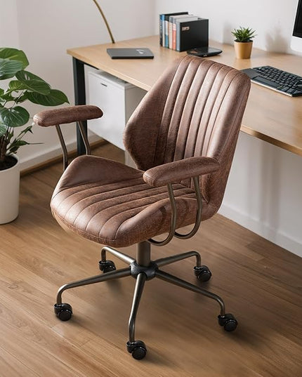 Mid Century Modren Office Chair - Fuax Leather Suede Brown Executive Chairs Ergonomic Mid Back with Lumbar Support, Swivel Computer Desk Task Chair with Wheels for Home Office (Dark Brown, Mid Back)