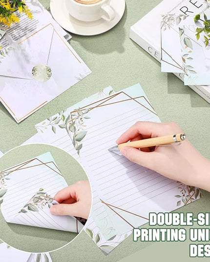 TaoBary 160 Pcs Stationery Paper Set 50 Double Sided Stationery Papers with 50 Matching Envelopes and 60 Round Dot Sticker, 10 Design(Eucalyptus,5.5 x 8.25 Inch)