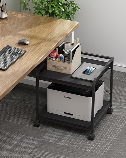 2 Tier Under Desk Printer Stand with Storage, 20 Inches Deep Large Printer Table with Height Adjustable Shelf, Rolling Printer Cart with Wheels for Home Office - Black